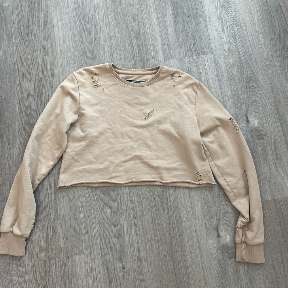 Cropped Distressed Crewneck Sweater in Beige